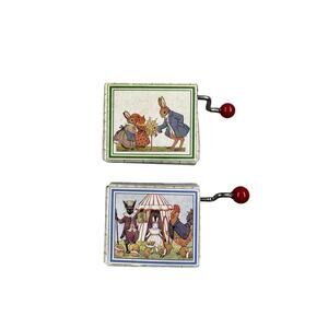 2 VTG Sankyo Hand-Crank MUSIC BOXES Chim Chim Talk To Animals Little Gray Rabbit